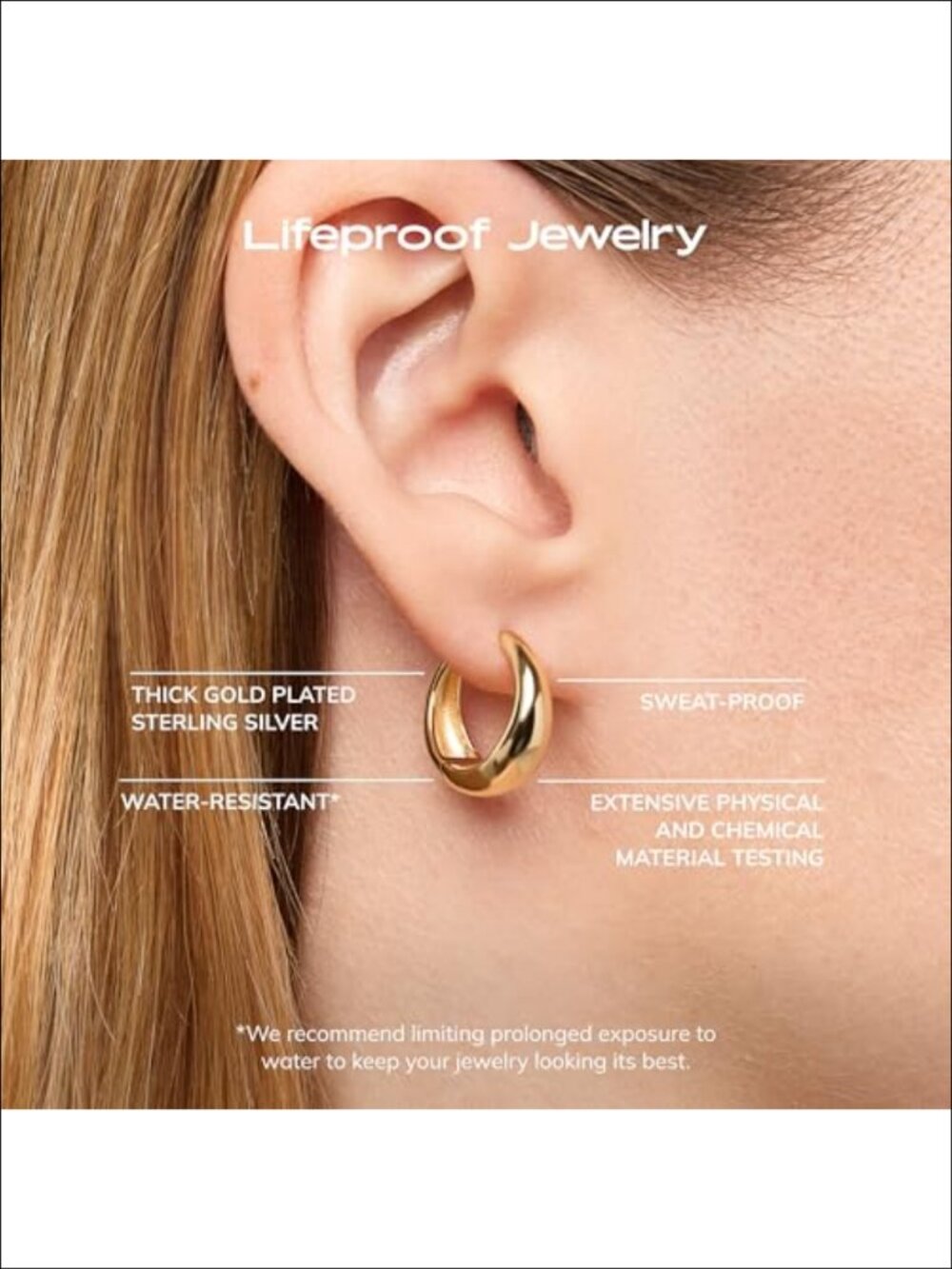 14K Gold Plated Hypoallergenic Hoop Earrings Women Water Resistant - Picture 4 of 6